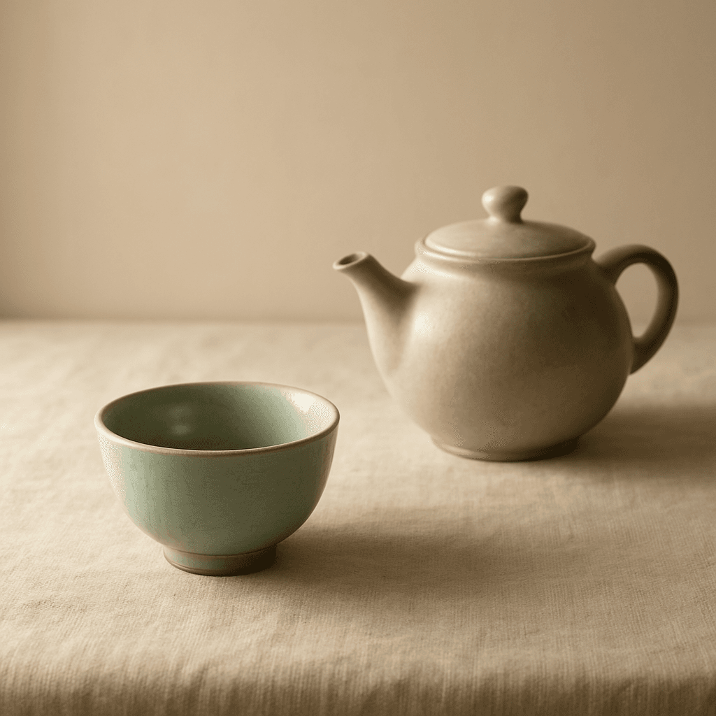 A celadon teacup and ceramic pot in soft warm light